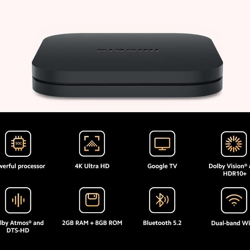 Xiaomi TV Box S (2nd gen) 4K Ultra HD Compatible con Google TV Box | Dolby Vision | Dolby Atmos  DTS-HD HDR10+ 2 GB de RAM 8 GB ROM, WiFi dual 2.4G/5G, Bluetooth 5.2 - Achorao